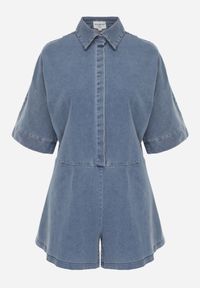 Born2be - Niebieski Krótki Kombinezon Jeansowy z Kołnierzykiem w Stylu Retro Aelixera. Okazja: na co dzień. Kolor: niebieski. Materiał: jeans. Długość: krótkie. Styl: retro #5