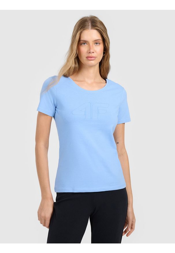 4f - 4F T-shirt slim z nadrukiem damski - niebieski S. Okazja: na co dzień. Kolor: niebieski. Materiał: materiał, bawełna, jersey, dzianina, elastan. Wzór: nadruk. Styl: sportowy, klasyczny, casual