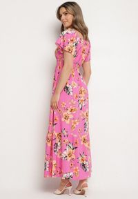 Born2be - Fuksjowa Sukienka w Kwiaty z Gumką w Talii i Hiszpańskim Dekoltem Devoris. Okazja: na co dzień, na imprezę, na spacer. Kolor: różowy. Wzór: kwiaty. Sezon: lato. Styl: casual, elegancki #5