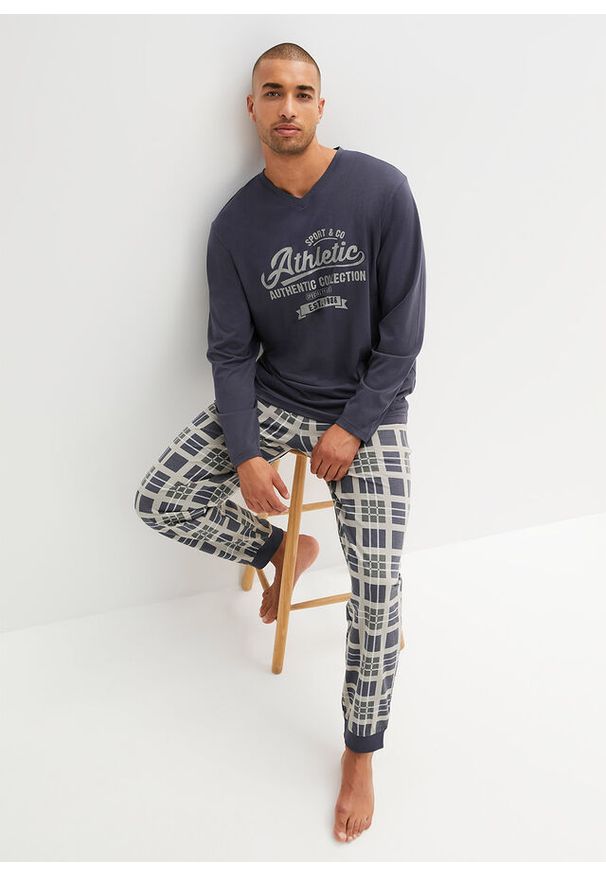 bonprix - Piżama z długimi rękawami z czystej bawełny organicznej. Kolor: niebieski, szary. Materiał: bawełna. Długość: długie