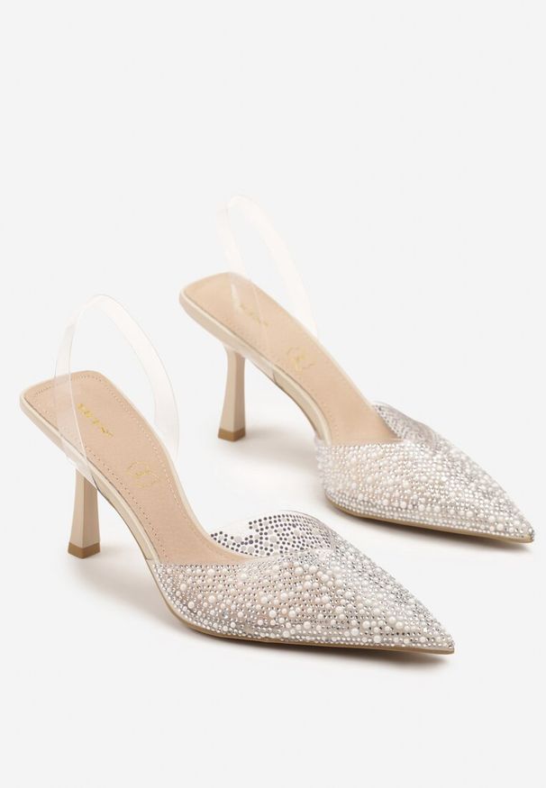 Renee - Beżowe Sandały Vices na Szpilce Slingback ze Skórzaną Wkładką i Cyrkoniami Ovifa. Zapięcie: pasek. Kolor: beżowy. Materiał: skóra. Sezon: lato. Obcas: na szpilce. Styl: elegancki