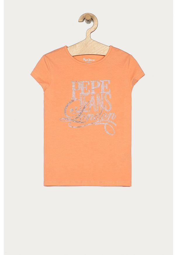 Pepe Jeans - T-shirt dziecięcy Aquaria 128-180 cm. Okazja: na co dzień. Kolor: pomarańczowy. Materiał: bawełna, dzianina, elastan. Wzór: aplikacja. Styl: casual