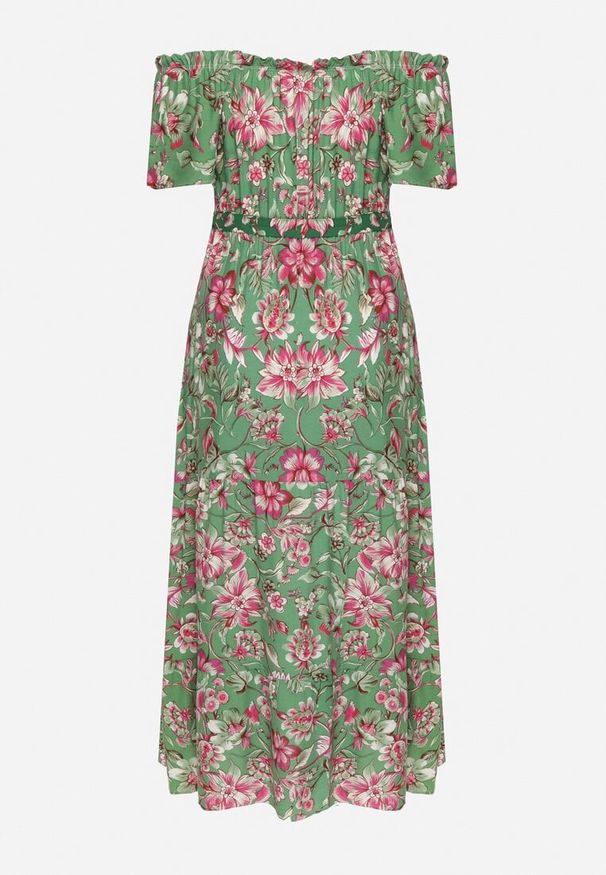 Born2be - Zielona Sukienka z Hiszpańskim Dekoltem z Wiązanym Paskiem w Kwiaty z Bawełny Rissanique. Okazja: na co dzień. Kolor: zielony. Materiał: bawełna. Wzór: kwiaty. Sezon: lato. Typ sukienki: rozkloszowane. Styl: casual, elegancki