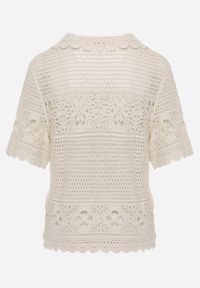 Renee - Beżowy Ażurowy Kardigan z Bawełny z Kołnierzykiem i Guzikami Mleella. Okazja: na co dzień. Kolor: beżowy. Materiał: bawełna. Wzór: ażurowy. Styl: elegancki, klasyczny, casual #7