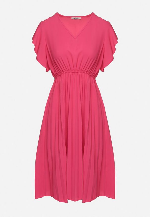 Born2be - Ciemnoróżowa Sukienka Rozkloszowana Midi z Plisowanym Dołem Sabara. Okazja: na co dzień. Kolor: różowy. Materiał: skóra. Styl: casual. Długość: midi