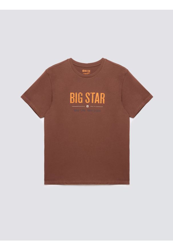 Big-Star - Koszulka męska o klasycznym kroju brązowa Bruno 804. Kolor: brązowy. Materiał: bawełna. Długość rękawa: krótki rękaw. Długość: krótkie. Wzór: haft, nadruk. Styl: klasyczny