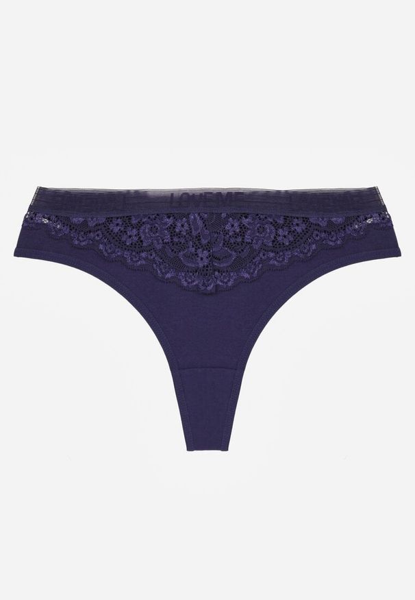 Renee - Granatowe Majtki Typu Stringi z Bawełną i Koronką Zeliche. Kolor: niebieski. Materiał: bawełna, koronka. Wzór: koronka