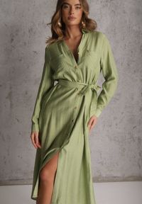 Renee - Zielona Sukienka z Wiskozą o Koszulowym Kroju z Wiązanym Paskiem Rissanni. Kolor: zielony. Materiał: wiskoza. Typ sukienki: koszulowe. Styl: elegancki, klasyczny #5
