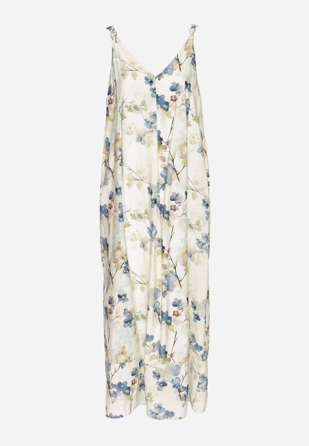 Born2be - Beżowo-Niebieska Kwiecista Sukienka na Ramiączkach z Wiskozą o Rozkloszowanym Kroju Jenarienna. Okazja: na co dzień. Typ kołnierza: dekolt w kształcie V. Kolor: niebieski. Materiał: wiskoza. Długość rękawa: na ramiączkach. Wzór: kwiaty. Typ sukienki: rozkloszowane. Styl: casual, elegancki