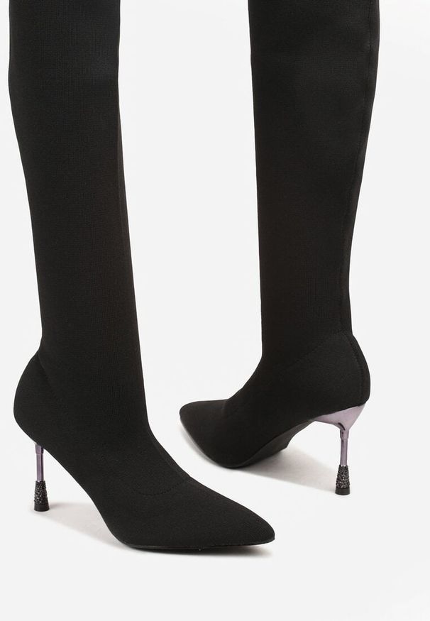Born2be - Czarne Eleganckie Kozaki Skarpetkowe Vices na Szpilce z Cyrkoniami Nicebia. Okazja: na spotkanie biznesowe. Kolor: czarny. Obcas: na szpilce. Styl: elegancki. Wysokość obcasa: średni