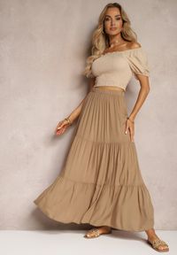 Renee - Ciemnobeżowa Wiskozowa Spódnica High Waist z Gumką w Talii i Falbanką Christiara. Stan: podwyższony. Kolor: beżowy. Materiał: wiskoza. Sezon: lato