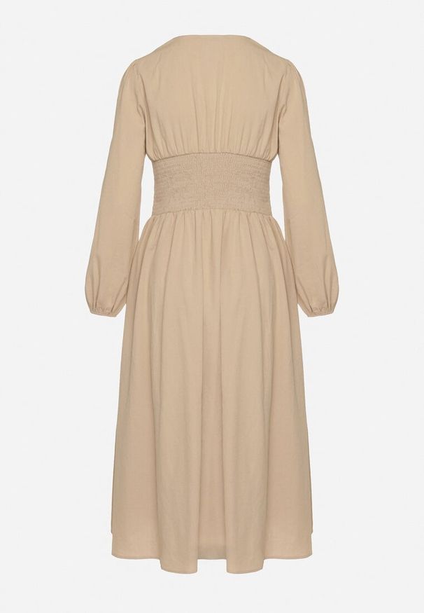 Born2be - Beżowa Sukienka z Wiskozą z Gorsetową Talią i Bufiastymi Rękawami Aniste. Okazja: na co dzień. Typ kołnierza: dekolt gorset. Kolor: beżowy. Materiał: wiskoza. Typ sukienki: gorsetowe. Styl: casual, elegancki, sportowy, wizytowy