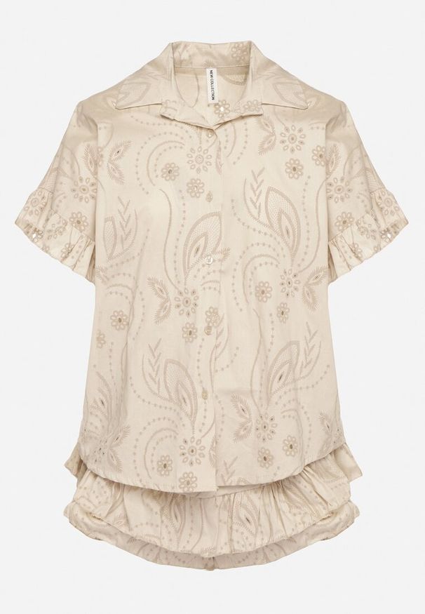 Born2be - Beżowy Bawełniany Komplet Koszula z Wiązaniem i Spódnico-Szorty z Nadrukiem Iffarina. Kolor: beżowy. Materiał: bawełna. Wzór: nadruk