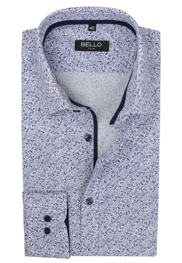 Bello - Elegancka Niebieska Koszula Wizytowa, Taliowana - BELLO - Długi Rękaw, Paisley. Okazja: na spotkanie biznesowe, do pracy. Kolor: niebieski. Materiał: bawełna, poliester. Długość rękawa: długi rękaw. Długość: długie. Wzór: paisley. Styl: wizytowy, elegancki