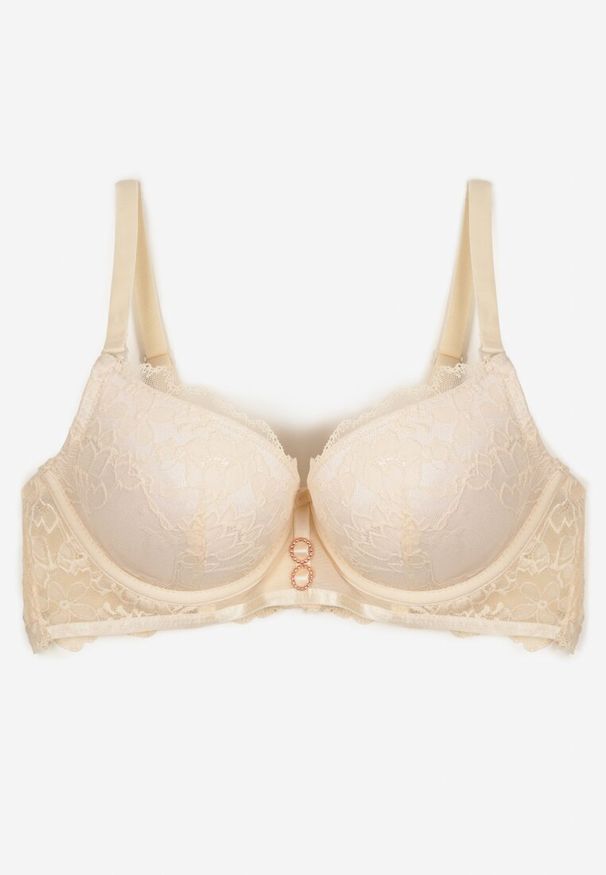 Renee - Jasnobeżowy Biustonosz Push Up Ozdobiony Koronką Temirenna. Kolor: beżowy. Materiał: koronka. Rodzaj stanika: push-up. Wzór: aplikacja, koronka