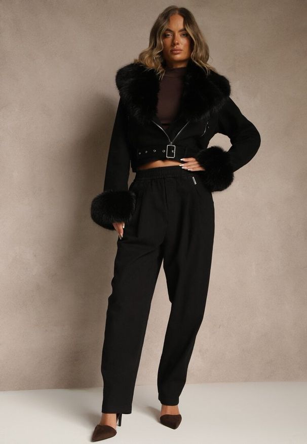 Renee - Czarne Spodnie High Waist z Bawełny o Szerokim Kroju Nalitia. Okazja: na co dzień. Stan: podwyższony. Kolor: czarny. Materiał: bawełna. Styl: casual