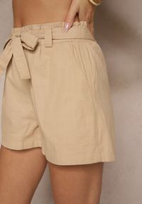 Renee - Beżowe Szorty z Bawełny High Waist Ozdobione Paskiem Lioziera. Okazja: na co dzień, na spacer. Stan: podwyższony. Kolor: beżowy. Materiał: bawełna. Wzór: aplikacja. Sezon: lato. Styl: casual, elegancki #4