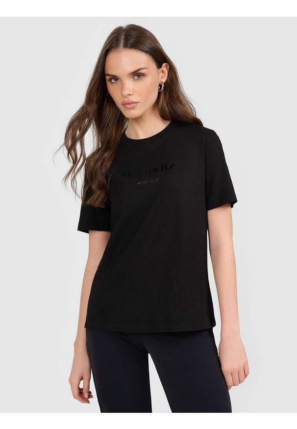 4f - 4F T-shirt loose z nadrukiem damski - czarny M. Okazja: na co dzień. Kolor: czarny. Materiał: materiał, dzianina, bawełna. Wzór: nadruk. Styl: casual