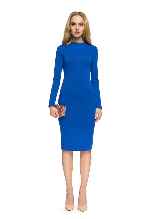 MOE - Chabrowa Elegancka Dopasowana Sukienka za Kolano. Kolor: niebieski. Materiał: poliester, bawełna. Styl: elegancki