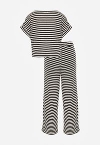 Born2be - Beżowo-Czarny Dzianinowy Komplet z Bawełną Ozdobiony Wzorem w Paski Spodnie i Bluzka Amiphisia. Kolor: beżowy. Materiał: bawełna, dzianina. Wzór: paski, aplikacja #7