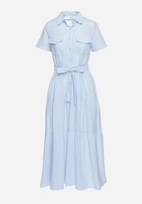 Born2be - Niebieska Sukienka z Bawełny o Koszulowym Kroju z Wiązaniem w Talii Wosofia. Okazja: do pracy. Kolor: niebieski. Materiał: bawełna. Typ sukienki: koszulowe. Styl: elegancki #7