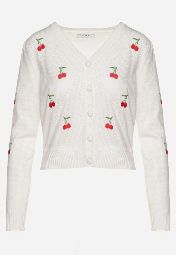 Born2be - Biały Kardigan z Wyhaftowanymi Wisienkami Niralia. Kolor: biały. Materiał: jeans. Styl: klasyczny, elegancki