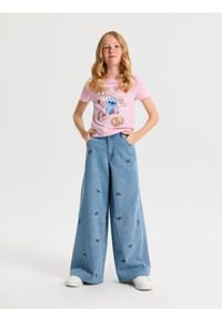 Sinsay - Jeansy wide leg oversize z haftem Stitch - niebieski. Kolor: niebieski. Wzór: haft #1