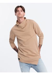 Ombre Clothing - Bluza męska z dużym kołnierzem OSLO - beżowa B1366 - XL. Kolor: beżowy. Materiał: bawełna, poliester, skóra. Wzór: napisy, aplikacja