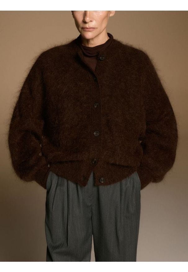 Reserved - Kardigan z moherem - ciemnobrązowy. Kolor: brązowy. Materiał: moher