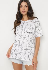 Born2be - Biały T-shirt Oversize z Bawełny Zdobiony Nadrukiem Sinelra. Okazja: na co dzień. Kolor: biały. Materiał: bawełna. Wzór: aplikacja, nadruk. Styl: klasyczny, elegancki, casual #4