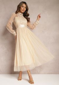 Renee - Beżowa Siateczkowa Sukienka Maxi o Rozkloszowanym Kroju z Ozdobną Koronką Narile. Kolor: beżowy. Materiał: koronka. Wzór: koronka. Styl: elegancki. Długość: maxi #5