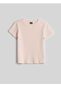 4f - 4F T-shirt slim z prążkowanej dzianiny damski - kremowy L. Okazja: na co dzień. Kolor: kremowy. Materiał: prążkowany, dzianina. Styl: elegancki, casual #1