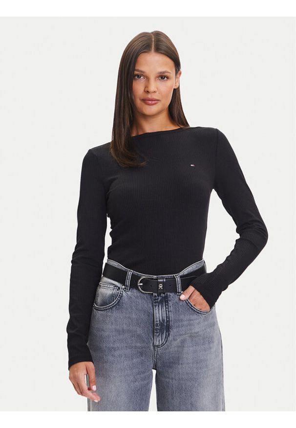 TOMMY HILFIGER - Tommy Hilfiger Bluzka WW0WW47309 Czarny Slim Fit. Kolor: czarny. Materiał: wiskoza