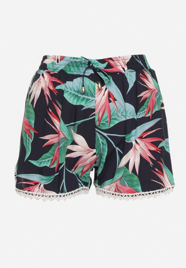 Born2be - Granatowe Wiskozowe Szorty z Gumką w Pasie Ozdobione Koronką Nellsiana. Kolor: niebieski. Materiał: koronka, wiskoza. Wzór: koronka, aplikacja. Sezon: lato