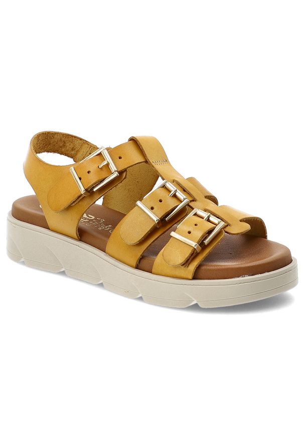 Sandały damskie Hee, cholewka ze skóry naturalnej paski z regulacją na klamry grubsza podeszwa casualowy styl, żółte, 26100. Okazja: na co dzień. Zapięcie: klamry. Kolor: żółty. Materiał: skóra. Wzór: paski. Styl: casual