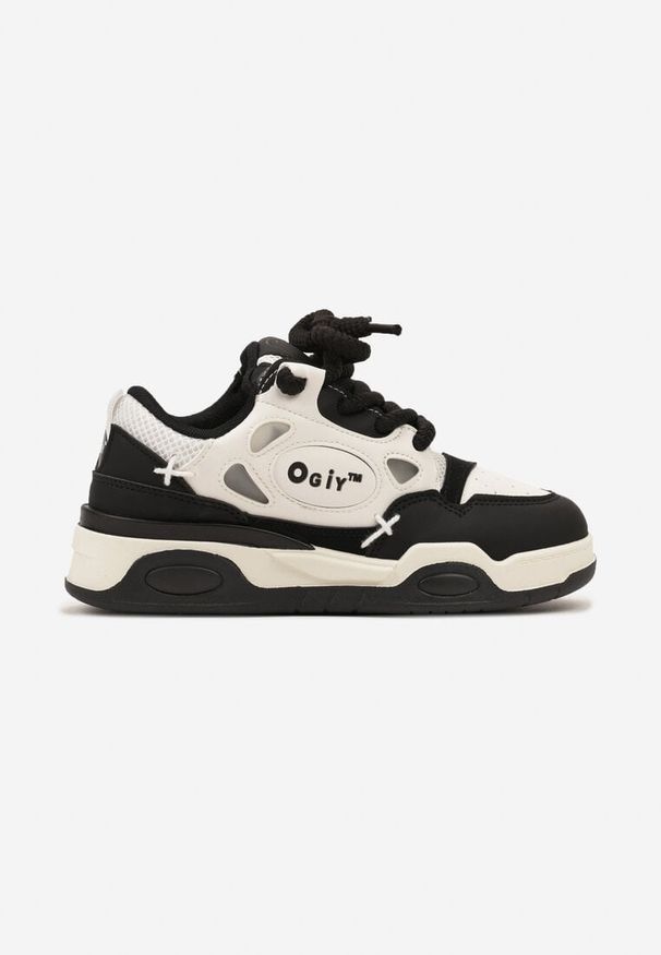 Born2be - Czarno-Białe Płaskie Sneakersy z Szerokimi Sznurowadłami Teniefra. Okazja: na co dzień. Kolor: czarny. Materiał: bawełna, jeans. Wzór: aplikacja, geometria. Obcas: na obcasie. Wysokość obcasa: niski