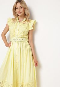 Born2be - Żółta Sukienka Ażurowa o Koszulowym Kroju z Paskiem z Ekoskóry Trija. Okazja: na imprezę, na co dzień. Kolor: żółty. Wzór: ażurowy. Typ sukienki: koszulowe. Styl: elegancki, casual #7