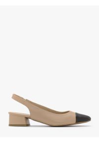 Ryłko - Beżowe czółenka z czarnym noskiem. Kolor: beżowy. Materiał: skóra. Szerokość cholewki: normalna. Obcas: na obcasie. Styl: street. Wysokość obcasa: niski #1