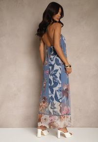 Renee - Niebieska Kwiatowa Sukienka Siateczkowa z Wiskozą Izurelia. Okazja: na co dzień. Kolor: niebieski. Materiał: wiskoza. Wzór: kwiaty. Typ sukienki: proste. Styl: elegancki, casual #5
