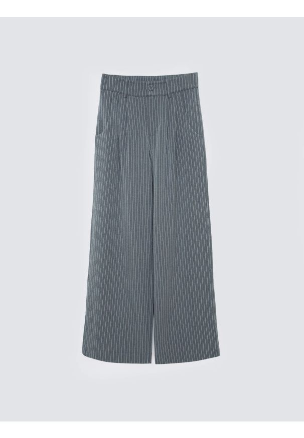 Big-Star - Spodnie damskie z szeroką nogawką w prążek szare Elvie 902. Okazja: do pracy. Stan: podwyższony. Kolor: szary. Materiał: tkanina. Wzór: prążki. Styl: elegancki