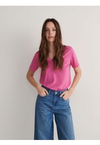 Reserved - Bawełniany t-shirt - fuksja. Kolor: różowy. Materiał: bawełna. Wzór: gładki