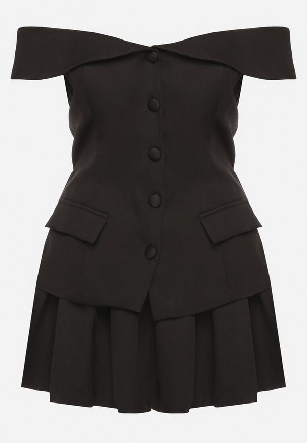 Born2be - Czarny Komplet Spódnica i Bluzka Hiszpanka z Guzikami i Imitacją Kieszeni Salendrea. Kolor: czarny. Materiał: jeans