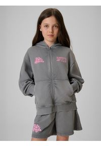 4f - 4F Bluza dresowa loose z kapturem dziewczęca - szara 134/140 (8-10 lat). Okazja: na co dzień. Typ kołnierza: kaptur. Kolor: szary. Materiał: dresówka. Wzór: nadruk. Sezon: lato. Styl: wakacyjny, casual #1