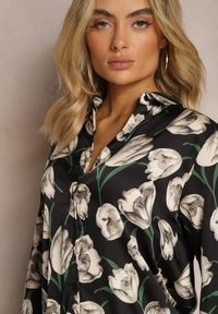 Renee - Czarno-Beżowa Koszula Zapinana w Kwiaty Boxala. Kolor: czarny. Materiał: tkanina. Długość rękawa: długi rękaw. Długość: długie. Wzór: kwiaty