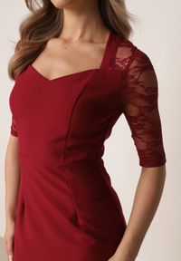 Born2be - Bordowa Taliowana Sukienka VICES z Koronkowymi Rękawami Oceamara. Kolor: czerwony. Materiał: koronka. Wzór: aplikacja, koronka. Styl: elegancki #8