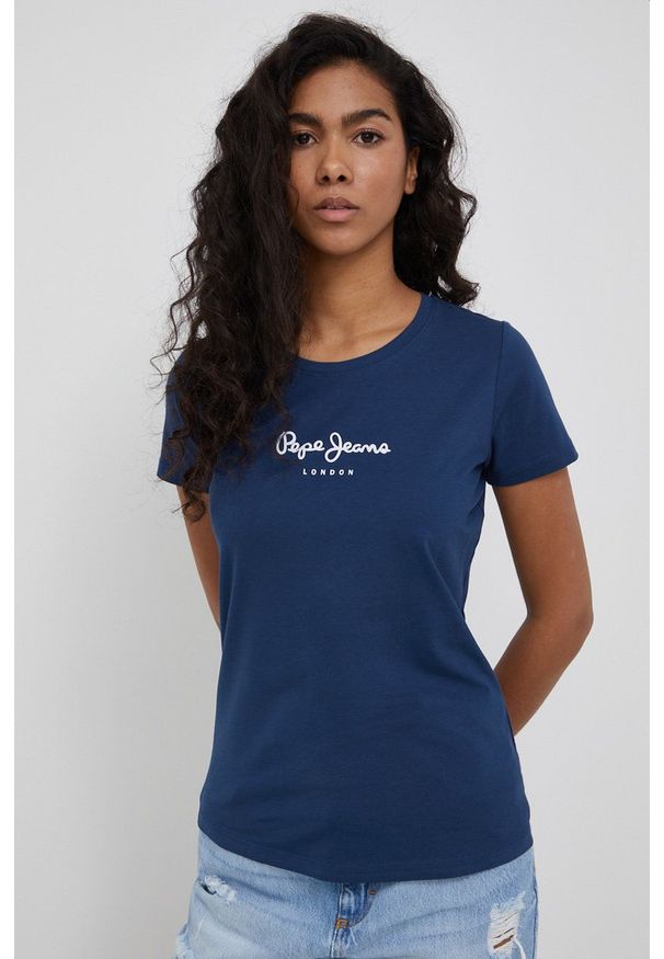 Pepe Jeans t-shirt NEW VIRGINIA SS N damski kolor granatowy. Okazja: na co dzień. Kolor: niebieski. Materiał: dzianina, włókno. Wzór: nadruk. Styl: casual