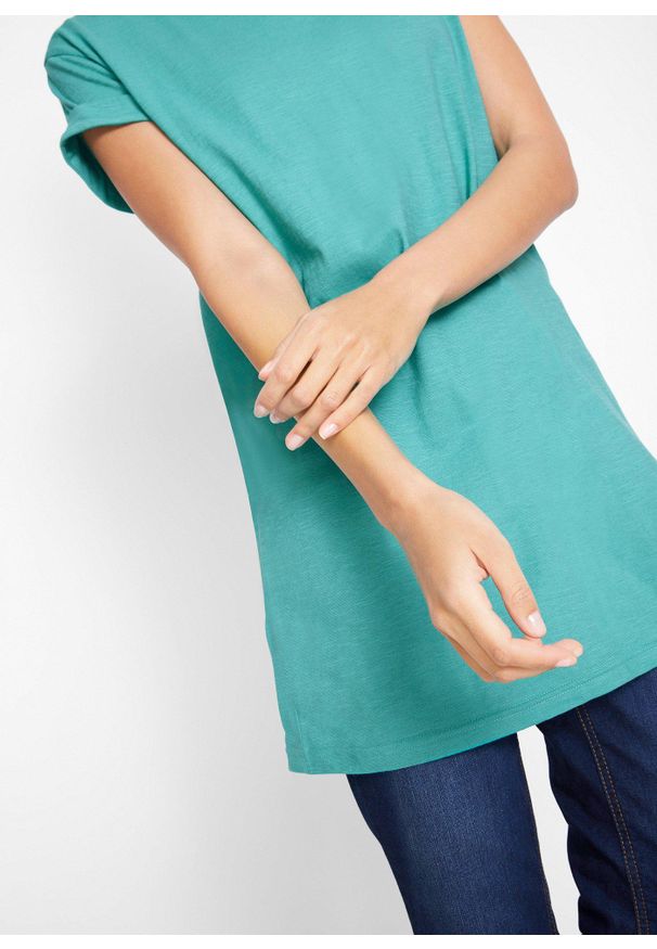bonprix - Długi T-shirt z czystej bawełny. Kolor: zielony. Materiał: bawełna. Długość rękawa: krótki rękaw. Długość: krótkie, długie