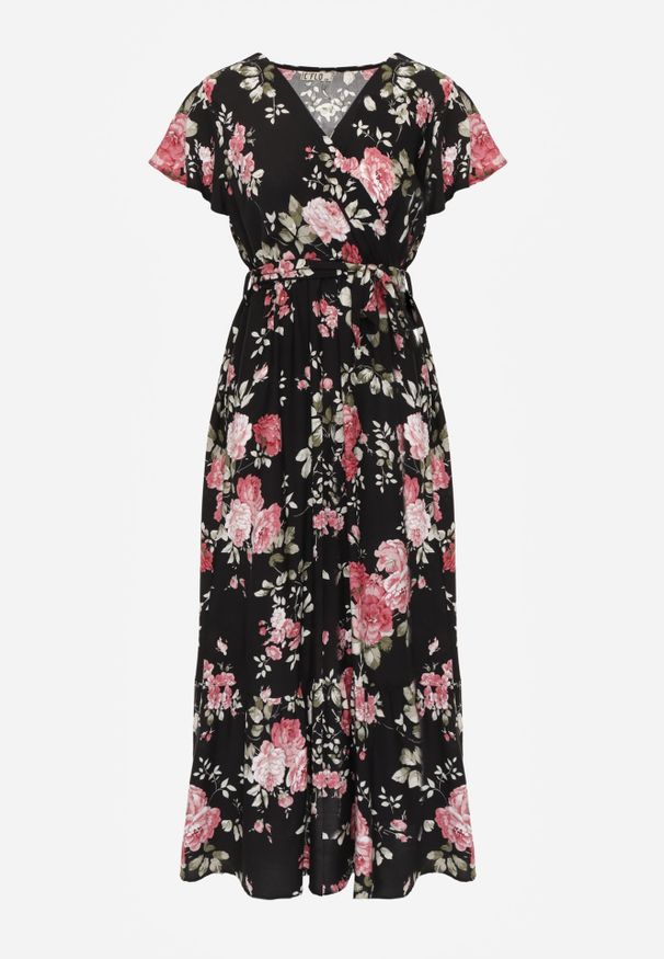 Renee - Czarna Sukienka w Kwiaty o Kopertowym Kroju z Wiązanym Paskiem Iphene. Okazja: na imprezę, na co dzień. Typ kołnierza: dekolt w kształcie V. Kolor: czarny. Wzór: kwiaty. Typ sukienki: kopertowe. Materiał: materiał. Długość rękawa: krótki rękaw. Sezon: lato. Styl: casual, elegancki. Długość: maxi