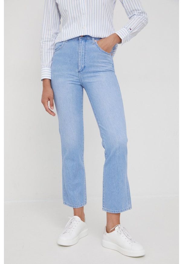 Wrangler jeansy WILD WEST CRYSTAL ICE damskie high waist. Stan: podwyższony. Kolor: niebieski