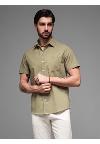 Ombre Clothing - Męska koszula z bawełny i lnu z krótkim rękawem i kieszonką – oliwkowa V6 - Rozmiar: XXL. Kolor: oliwkowy. Materiał: len, bawełna. Długość rękawa: krótki rękaw. Długość: krótkie. Sezon: lato #3